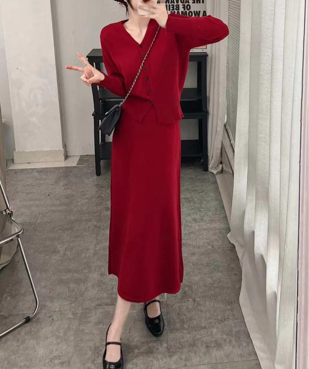 Temperamento piccolo profumo stile due pezzi donna primavera e autunno scollo a V cardigan lavorato a maglia linea A metà corpo lungo_voghion.com