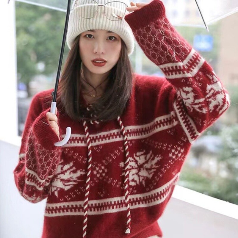 Christmas New Year 100 pure woolen sweater women's knitted autumn and winter thickened hooded sweater loose retro sweater women