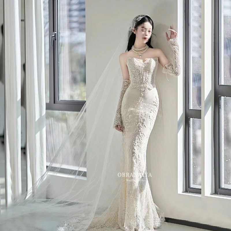 Danube Strapless Long-Sleeve French Mermaid Bridal Gown Vintage Lace Wedding Dress for Petite Women