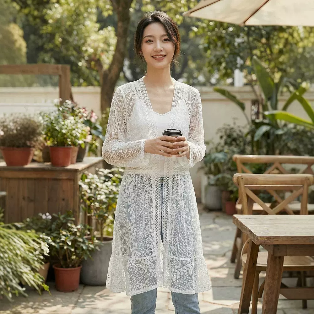 法式镂空蕾丝开衫女中长款V领收腰荷叶边度假温柔风防晒罩衫外搭