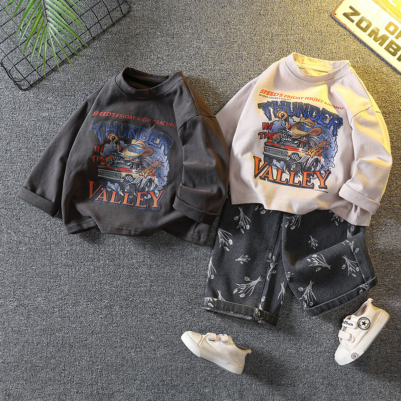 6088 traje de suéter para niños 2024 nueva primavera y otoño estilo occidental camisa de fondo para bebé niño otoño traje de dos piezas