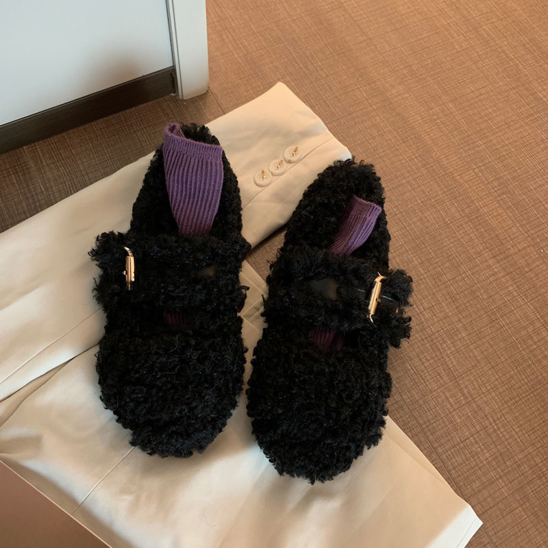 Tamanho grande sapatos peludos para outono e inverno exterior usar nova sola plana internet celebridade encaracolado mais gorro de veludo única mulher_voghion.com