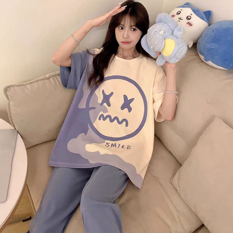 睡衣女夏季短袖长裤卡通加大码春秋款宽松学生新品家居服女款套装