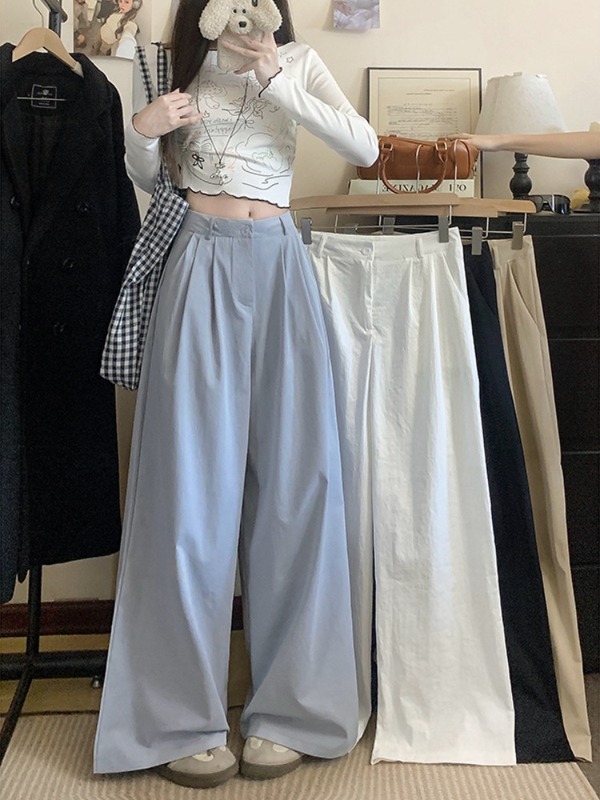 黑色休闲裤女2025垂感高腰早秋季显瘦宽松阔腿裤复古卡其色长裤子|undefined