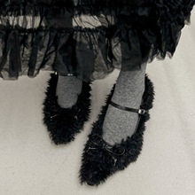 【现货】蝴蝶结毛毛高跟鞋尖头一字扣冬季加绒异形高跟玛丽珍单鞋