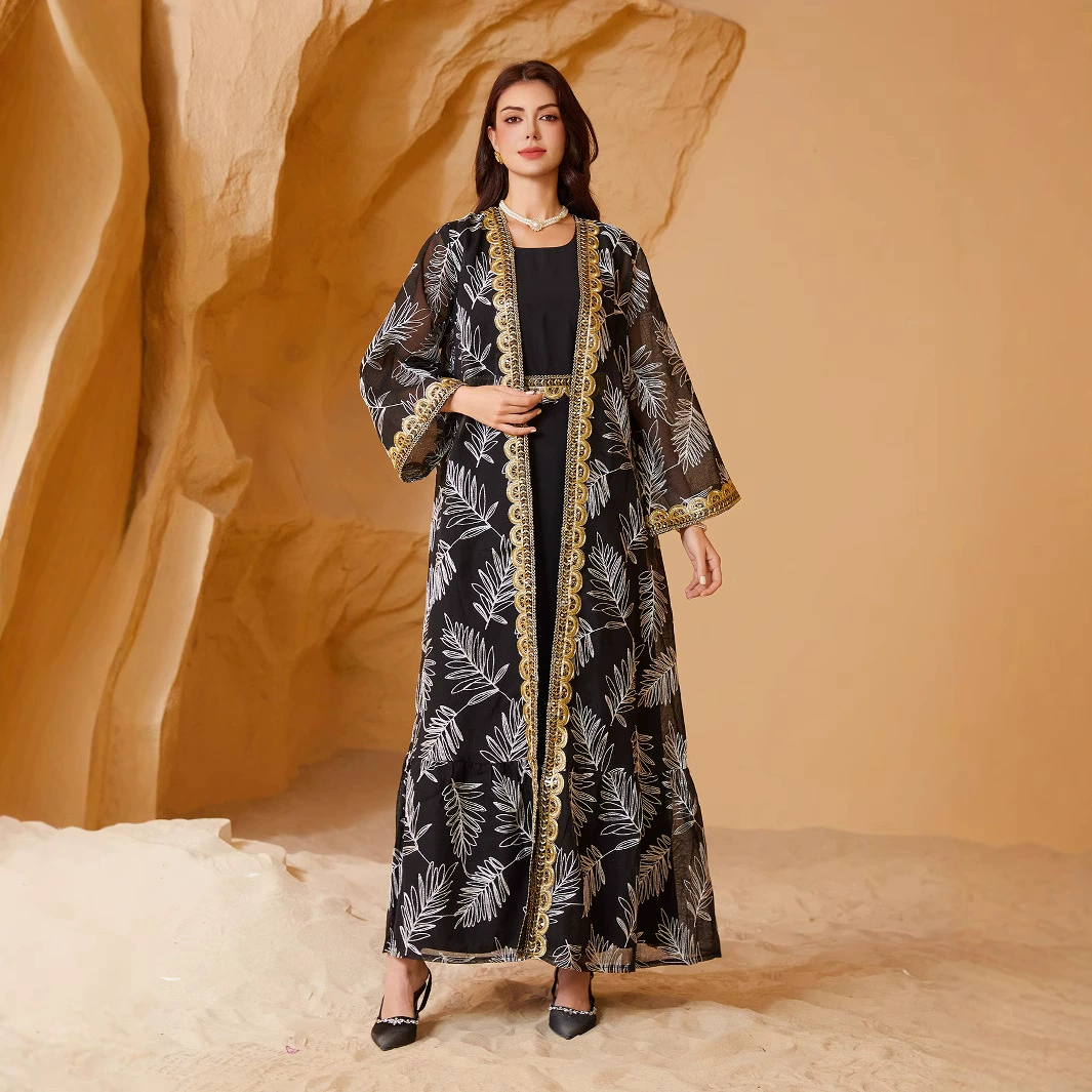 NC41 Арабский Дубай летний элегантный сетчатый комплект с вышивкой и золотой тесьмой для мусульманок