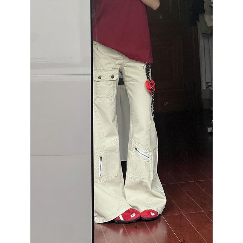 New Design Workwear Jeans for Women, Low-Waisted, Spring Style, American-Style Loose Wide-Leg Pants, Multi-Pocket, Slightly Flared Straight-Leg