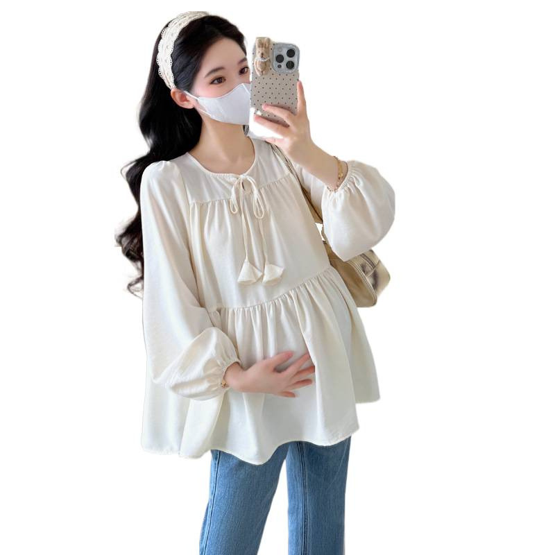 现货2025秋季孕妇衬衫宽松V领蝴蝶结花边长袖娃娃衫孕妇衬衣|undefined