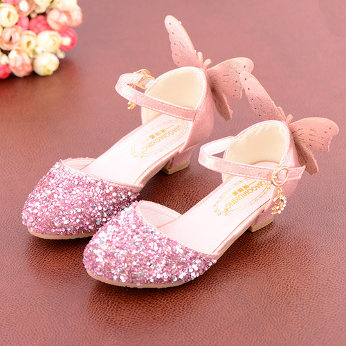 New Children's Princess Shoes Crystal Shoes Student Dance Performance Shoes Silver Girls' Leather Shoes High Heel Children's Shoes