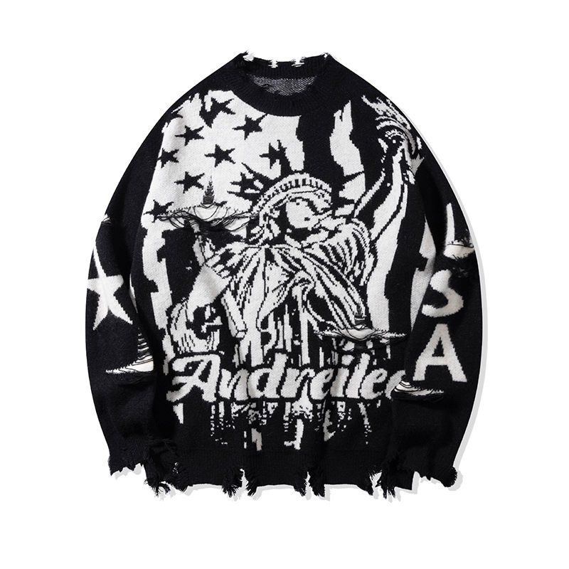 YWFG mujer americana retro bordes de lana 2024 Año Nuevo otoño pareja alta versátil cuello redondo manga larga suéter de punto