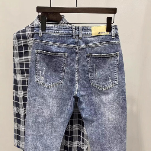 Chic summer jeans for men, stretch fit slim straight leg, Korean style, trendy and high-end, versatile casual pants
