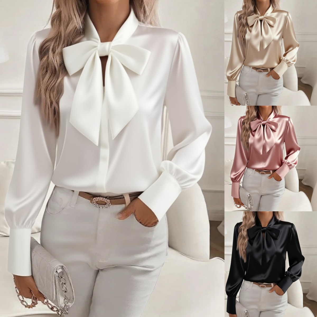 2025 Independent Station Amazon Hot Style Autumn Long Sleeve Bow Satin Women's Shirt Shirt Top Women