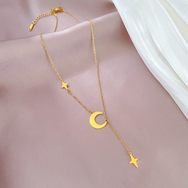 Collar minimalista estrellas luna con borlas oro para mujer_voghion.com
