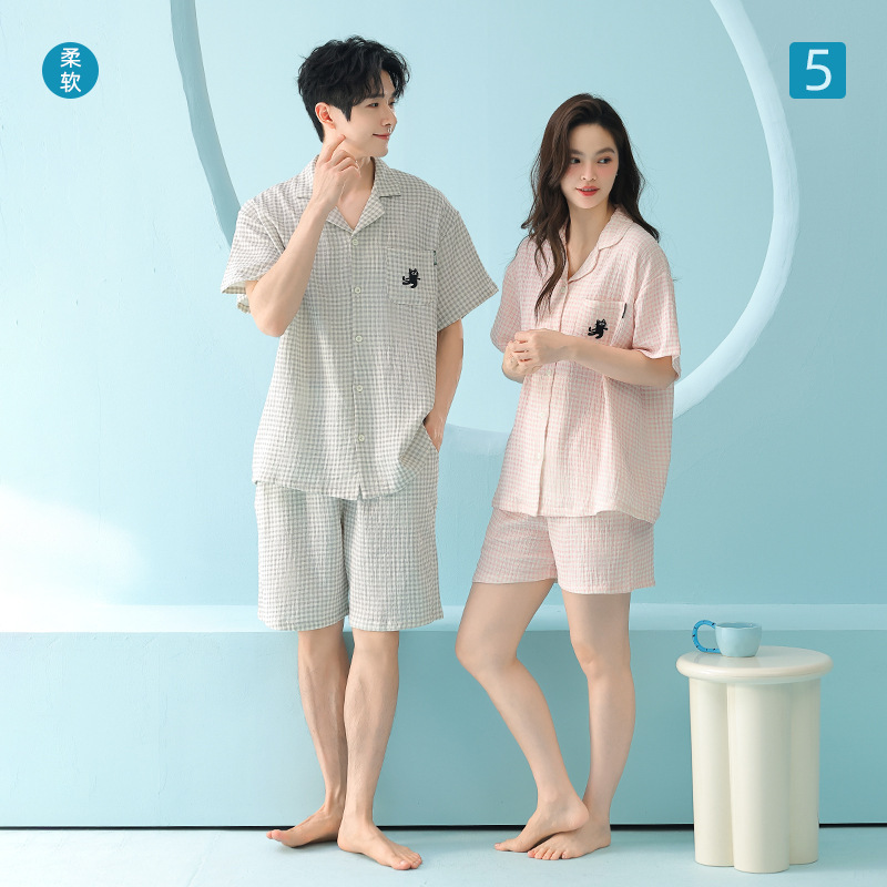 【Baby Cotton】Sweet Double-Layer Gauze Class a Pure Cotton Couple's Pajamas Plaid Women's Summer Short-Sleeve Men's Set 【Baby Cotton】Sweet Double-Layer Gauze Class a Pure Cotton Couple's Pajamas Plaid Women's Summer Short-Sleeve Men's Set