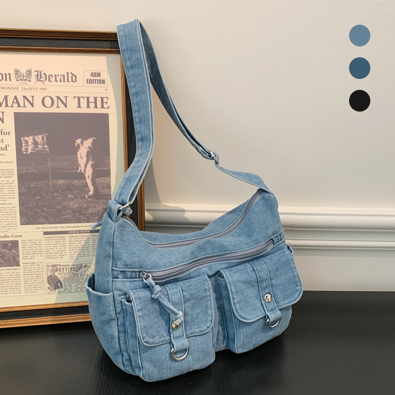 Classic denim shoulder bag, fashionable Oxford cloth large-capacity multi-pocket crossbody bag for women, solid color canvas bag for commuting