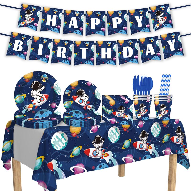Astronaut Themed Flag, Kidsren's Birthday Party Decoration Tablecloth, Disposable Paper Plates, Paper Towels, Paper Cups, Tableware Set Astronaut Themed Flag, Kidsren's Birthday Party Decoration Tablecloth, Disposable Paper Plates, Paper Towels, Paper Cups, Tableware Set