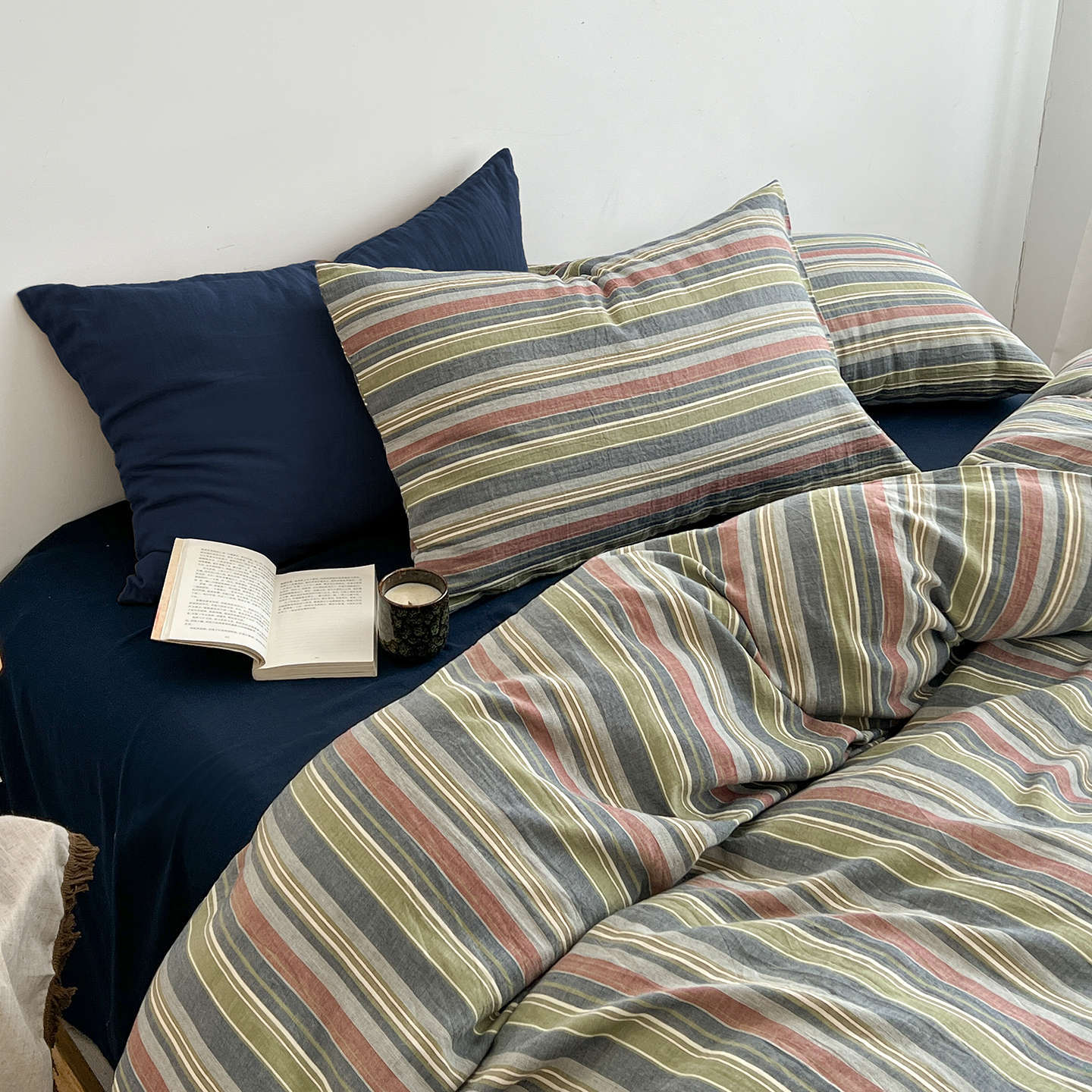 Cama a cuadros a rayas de algodón lavado de cuatro piezas, dormitorio de estudiantes de primavera y verano, sábana individual, funda de edredón, juego de tres piezas lavable a máquina