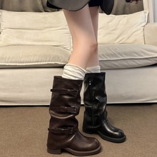 网红复古粗跟中筒靴女2025新款小众时尚西部牛仔靴褶皱堆堆靴