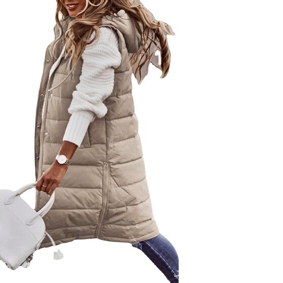 2021wish European and American solid color hooded single-breasted mid-length cotton-padded jacket waistcoat slim-fit elegant cardigan coat top