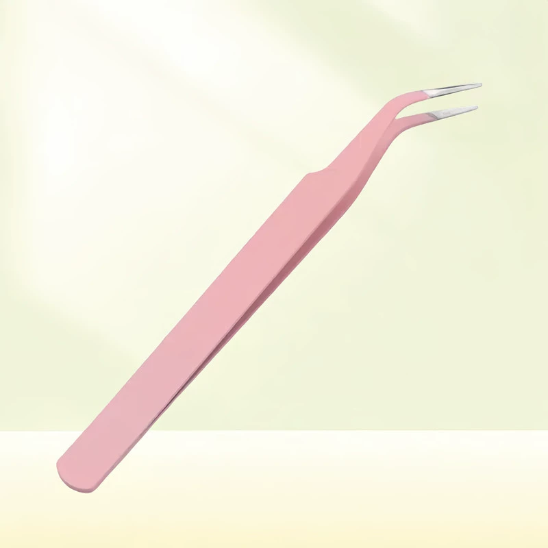Elbow Eyelash Tweezers, stainless steel angled tip, precision for extensions, pink or black