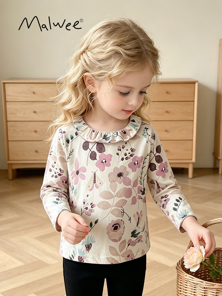 En stock malwee camiseta para niños otoño nuevo cuello redondo camisa de manga larga para niños estilo occidental ropa de niña europea y americana