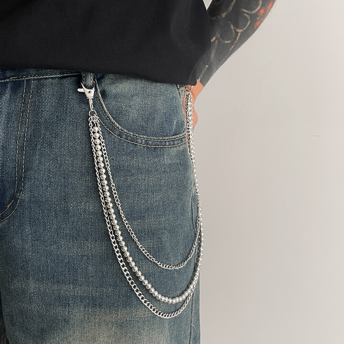 Hip-Hop-Hose mit runden Metallperlen, trendige Mode, vielseitige Jeans für Herren mit Taillenkette_voghion.com