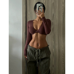 Sports Top Western Deep V Long Sleeve Yoga Top Sexy Fitness Training Nipple-baring T-shirt Hot Girl with Bra Pad 1310