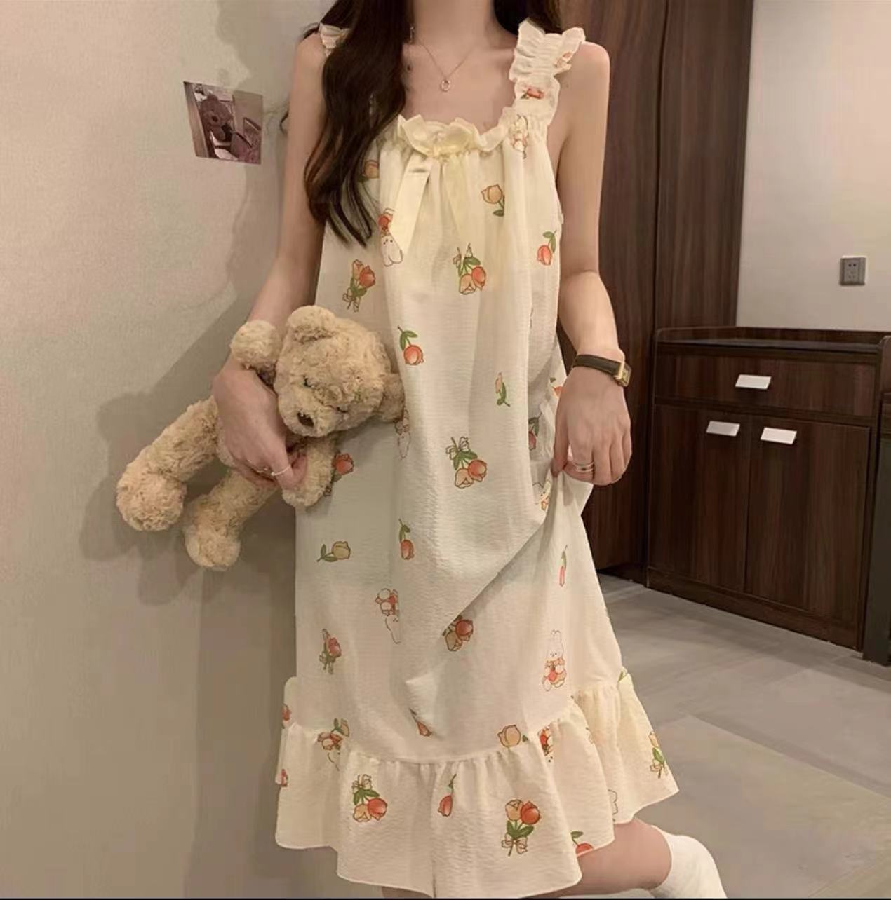Verano nuevo pijama de algodón mujer burbuja arrugada lindos dibujos animados dulces flores literarias pijama casero al por mayor
