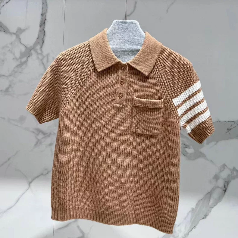 Вязаный полушерстяной демисезонный свитер с коротким рукавом, polo-воротник