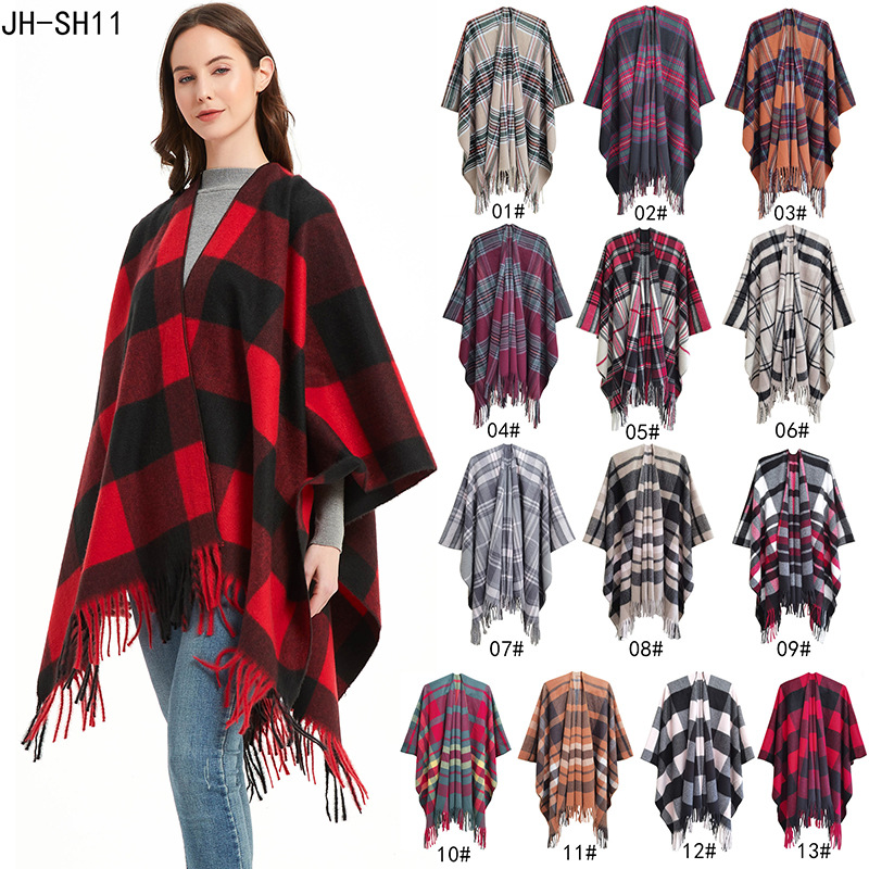 Unisex Autumn/Winter women's split cape thickened plaid bristle fringe cape_viptrois.com