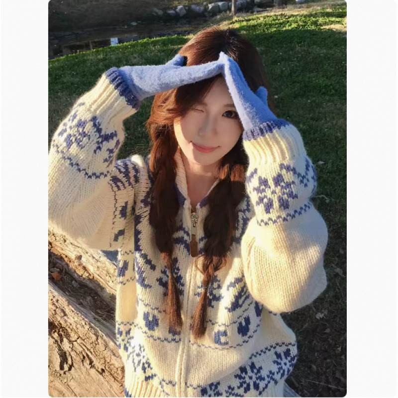 费尔岛毛衣女春季圣诞树提花拉链针织开衫立领外套小众设计感上衣