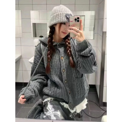 复古麻花连帽毛衣开衫女2025秋冬慵懒风百搭牛角扣针织上衣外套潮