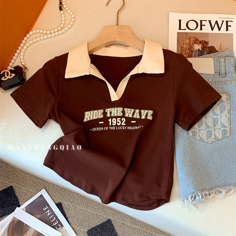 American Sexy Polo Collar Contrasting Color Right Shoulder Short-Sleeved T-Shirt Women's Summer Design Asymmetrical Slimming Look Short Top American Sexy Polo Collar Contrasting Color Right Shoulder Short-Sleeved T-Shirt Women's Summer Design Asymmetrical Slimming Look Short Top