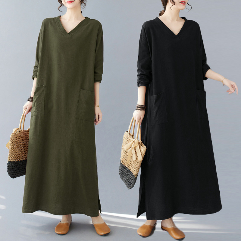 Spring New Japanese-Style Retro V-Neck Cotton and Linen Loose Solid Color Slimming Long Dress Plus Size Long-Sleeve Dress Robe