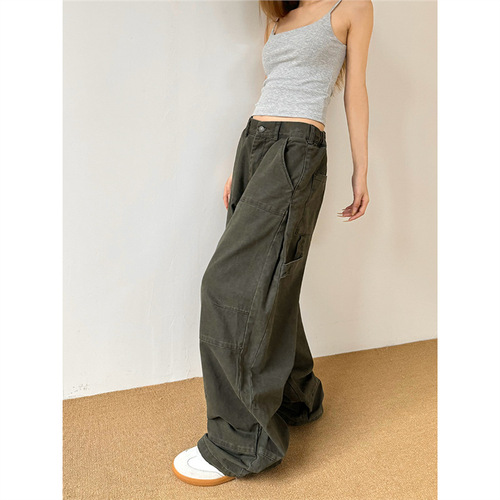 2025 Spring/Summer American Vintage Wide-Leg Cargo Pants for Men – Loose-Fit, Straight-Leg Design, Casual Long Trousers