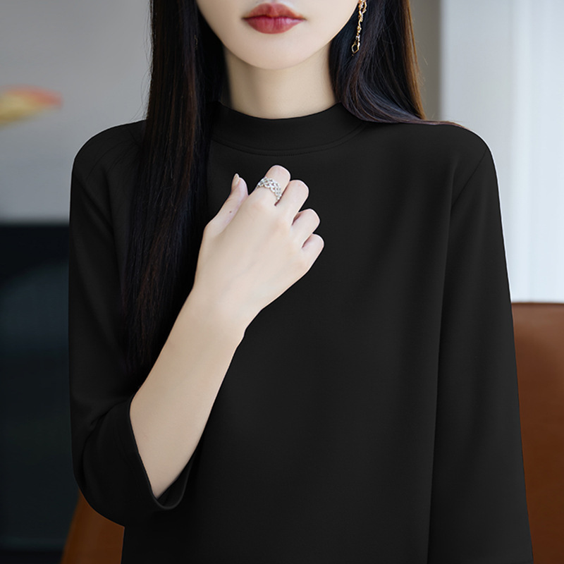 2025年早秋新款棉线半高领针织衫七分袖女磨毛纯色宽松打底衫上衣|undefined