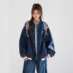 2025美式复古字母刺绣棒球服外套女春秋撞色拼接情侣夹克