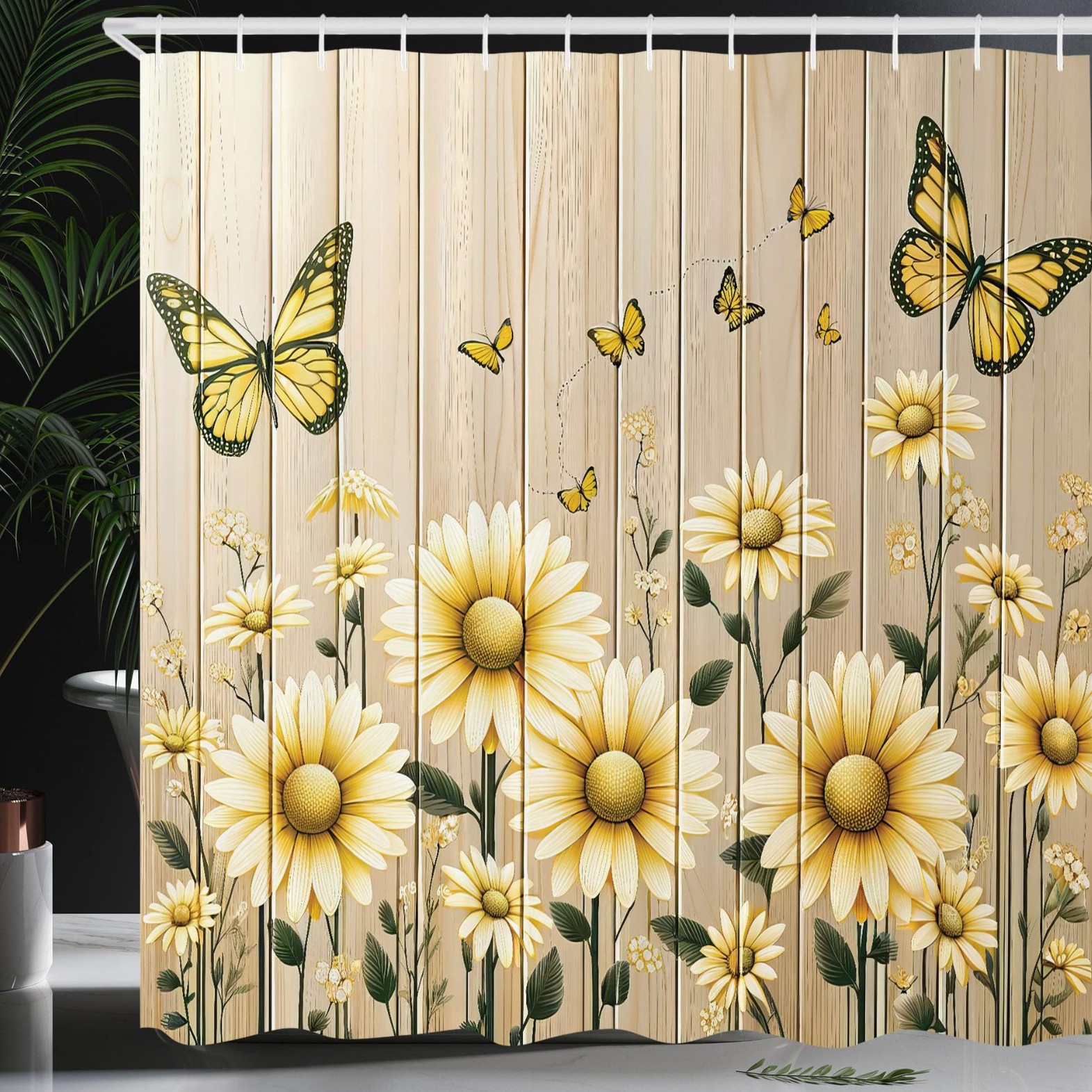 Cross-Border Shower Curtain Pastoral Sunflower and Butterfly Shower Curtain Digital Printing Bathroom Toilet Waterproof and Mildew-Proof Partition Curtain