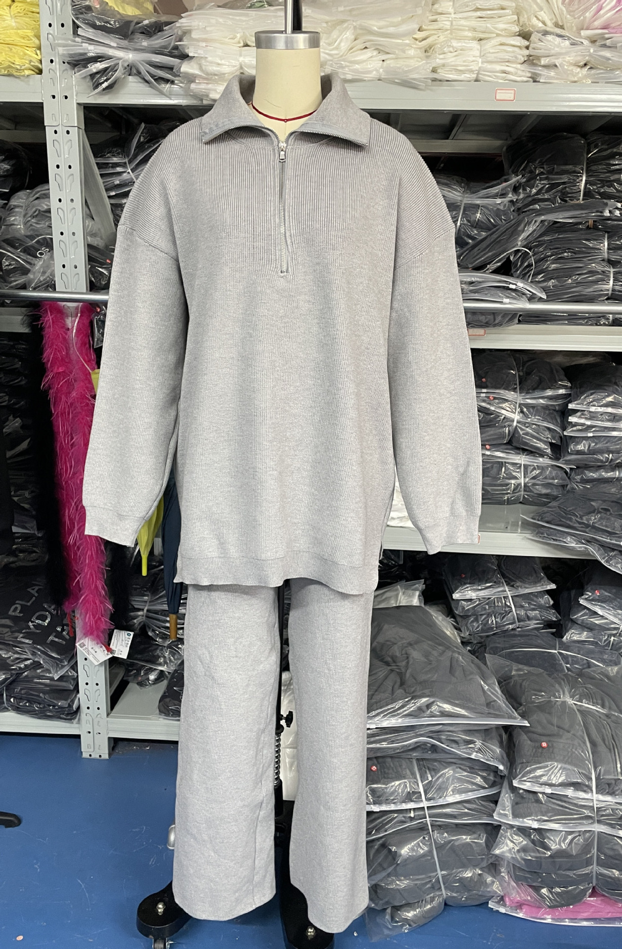 Set maglione da donna con mezza zip tinta unita, set in due pezzi lavorato a maglia pigra_voghion.com