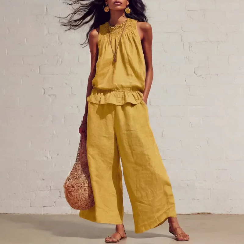 2026 Cross-Border European and American New Style Sleeveless Casual Suit with Unique Top and Elastic Waist Design Wide-Leg Pants Two-Piece Set 2026 Cross-Border European and American New Style Sleeveless Casual Suit with Unique Top and Elastic Waist Design Wide-Leg Pants Two-Piece Set