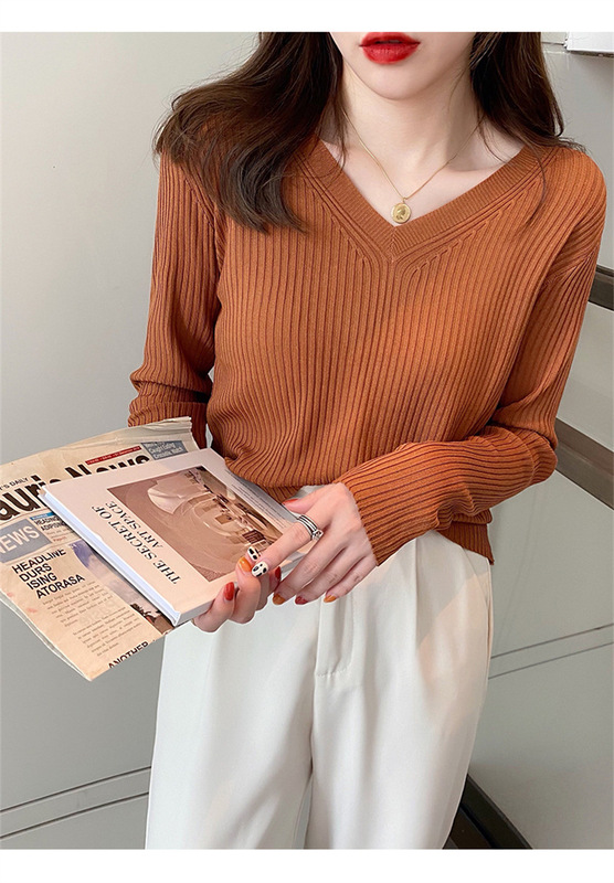 V-neck sweater autumn 2022 new sweater spring and autumn thin long sleeve bottoming shirt Women's inner early autumn coat
