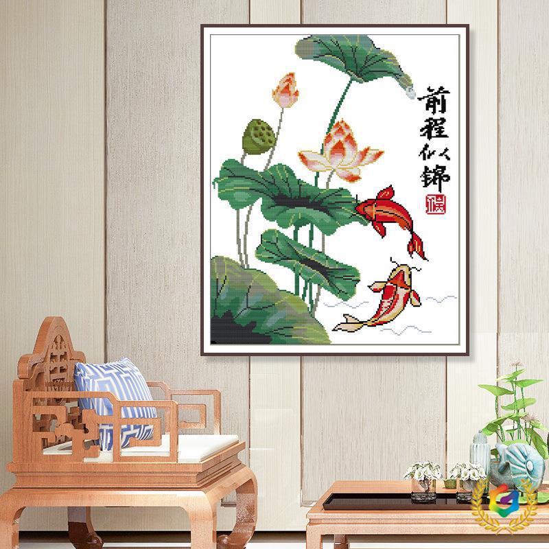 ✅跨境新品十字绣中国风荷花前程似锦刺绣材料包送朋友卧室厂家批