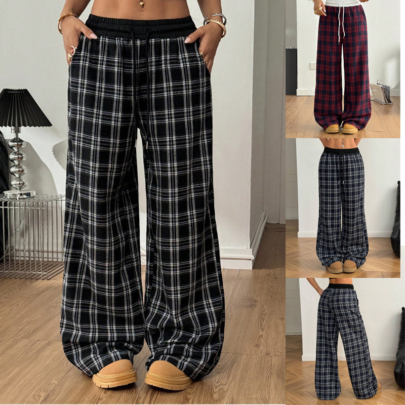 2025 Cross-Border European and American Amazon Loose Lazy Style Straight Plaid Splicing High-Waist Draped Casual Sports Pants 2025 Cross-Border European and American Amazon Loose Lazy Style Straight Plaid Splicing High-Waist Draped Casual Sports Pants