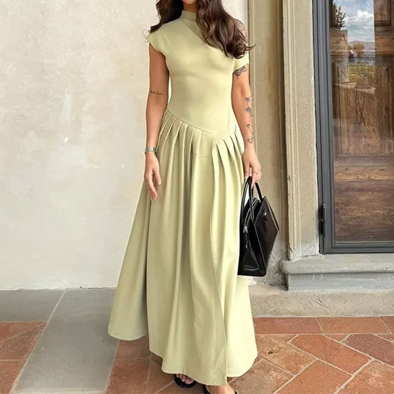 Elegant Women's Dress With Long Skirt, Fashionable High-Waisted Solid Color Spring Dress_ecoleips.com
