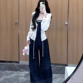 人棉+曼巴棉 三件套女薄款长袖罩衫条纹抹胸高腰显瘦休闲裤潮