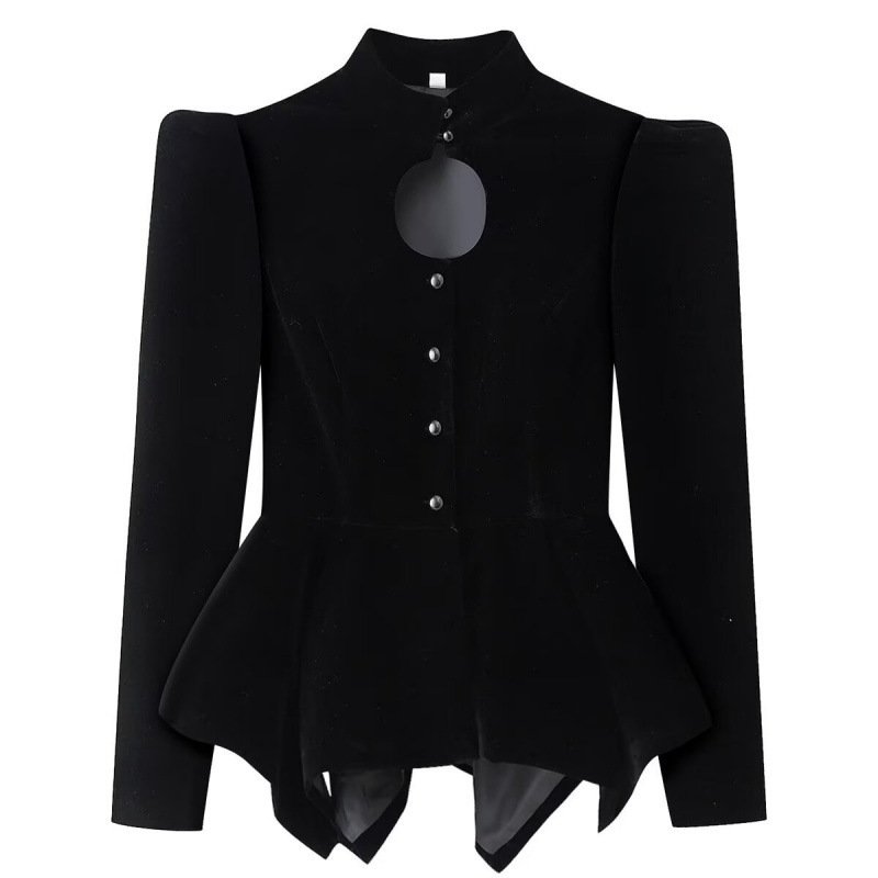Cross-Border European and American Fashion Hot-Selling Slim-Fit Dress-Style Puff Sleeve Velvet Long-Sleeve Stand-Collar Jacket with Hollow-Out Chest Design Cross-Border European and American Fashion Hot-Selling Slim-Fit Dress-Style Puff Sleeve Velvet Long-Sleeve Stand-Collar Jacket with Hollow-Out Chest Design