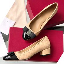 菲家同款低跟蝴蝶结玛丽珍鞋2025春秋浅口圆头网格拼色单鞋女粗跟