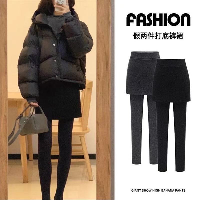 Black Plus-Size Faux Two-Piece Leggings for Women, Autumn and Winter Outerwear, Hip-Hugging Skirt Pants, Integrated Fleece-Lined Warm Skinny Pants