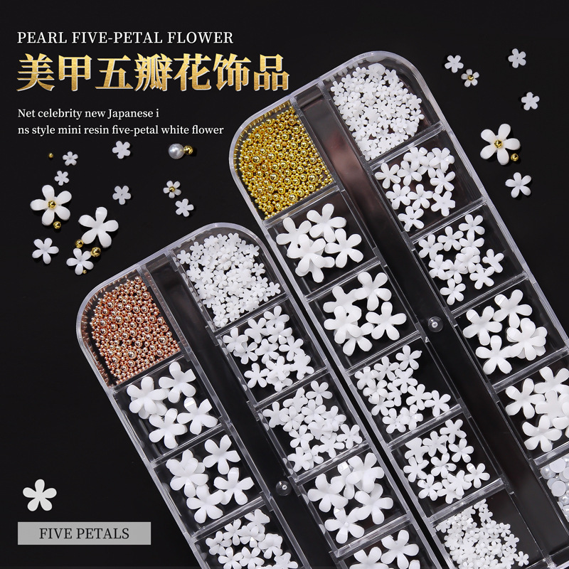 Cross-Border New Resin White Flower Nail Art Jewelry Japanese Style Steel Beads Five-Petal Flower Pearl Mixed Nail Decoration