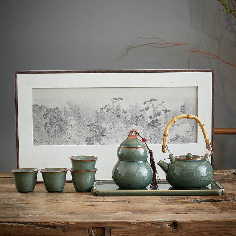 复古汝窑青花功夫茶具套装礼盒装礼品公司活动周年庆伴手礼定logo